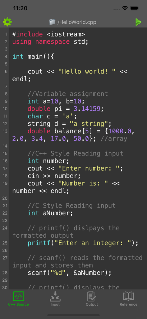 C/C++ Programming Compiler - C plus plus code editor on mobile showing a hello world script with syntax highlighting