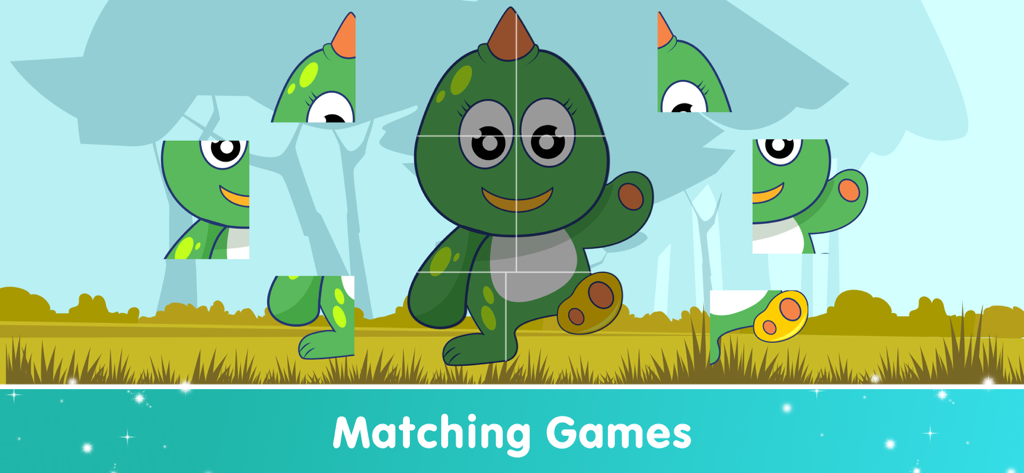 Baby & Toddler Puzzle Games - Un puzle de dinosaurio verde en una interfaz de juego de emparejar para niños pequeños y preescolares