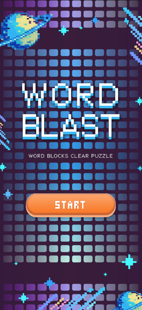 Word Blast: Word Puzzle Games - Pantalla de inicio del juego de puzzle Word Blast con arte de píxeles retro de temática espacial y un botón de inicio