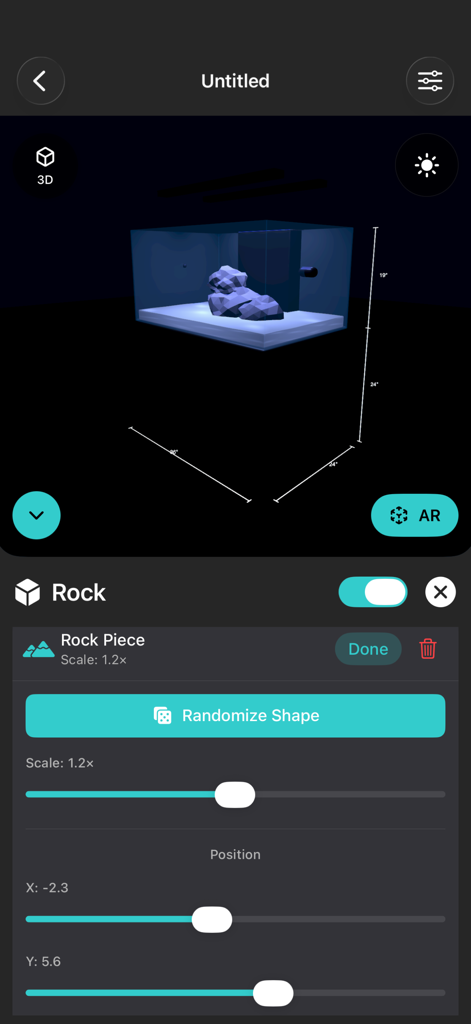 Aquarium Planner AR - Mobile app interface showing 3D aquarium planning with rock customization controls and dimensions
