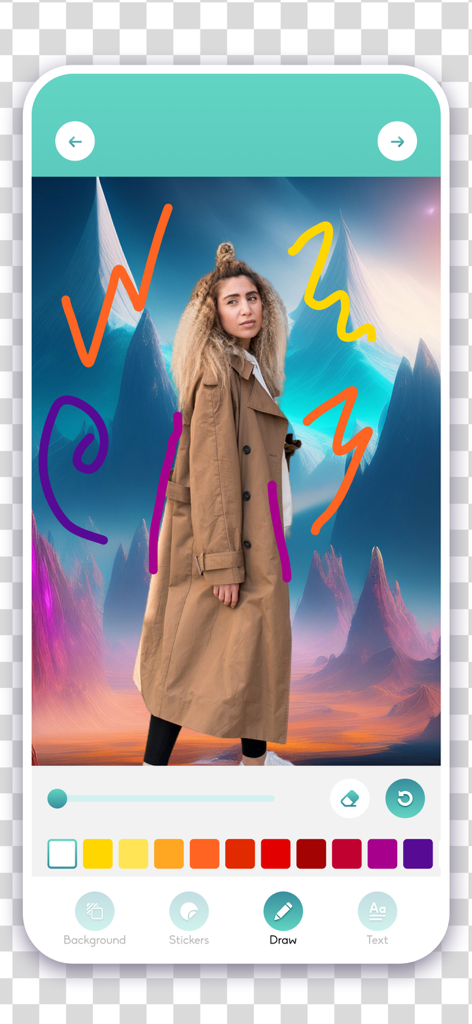 Cut and paste - Stickers maker - Mobile app interface showing the draw feature with colorful scribbles on a photo montage of a woman in a desert landscape