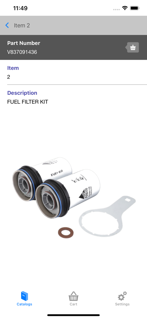 Detail view of a fuel filter kit with part number and component image in the AGCO Parts app