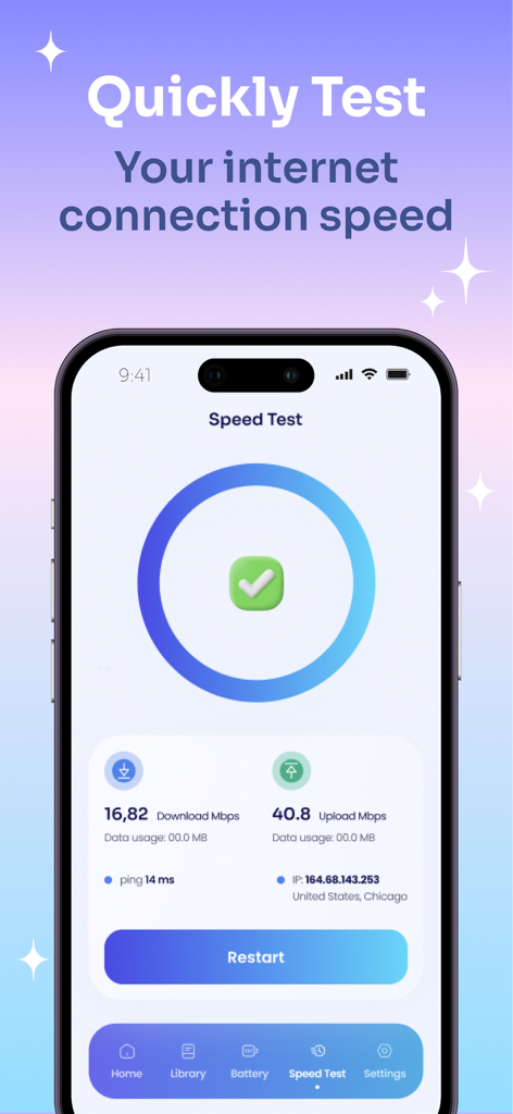 CleanApp Pro: Storage Cleaner - Pantalla de resultados de prueba de velocidad de Internet en CleanApp Pro mostrando las velocidades de descarga y carga