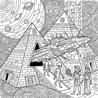 Delve into the intriguing world of the Ancient Astronaut Theory with this captivating coloring page. Witness an extraordinary encounter between advanced extraterrestrial beings and ancient civilizations, set amidst mystical pyramids and a celestial backdrop.