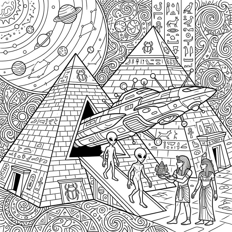 Delve into the intriguing world of the Ancient Astronaut Theory with this captivating coloring page. Witness an extraordinary encounter between advanced extraterrestrial beings and ancient civilizations, set amidst mystical pyramids and a celestial backdrop.