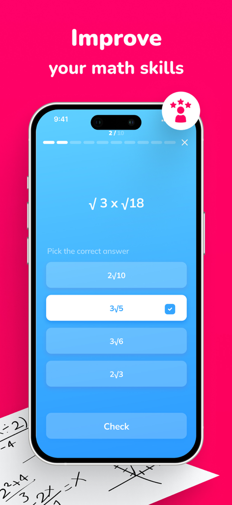 Math Solver: Solve by Camera - Math solver app interface showing a multiple choice quiz to improve math skills