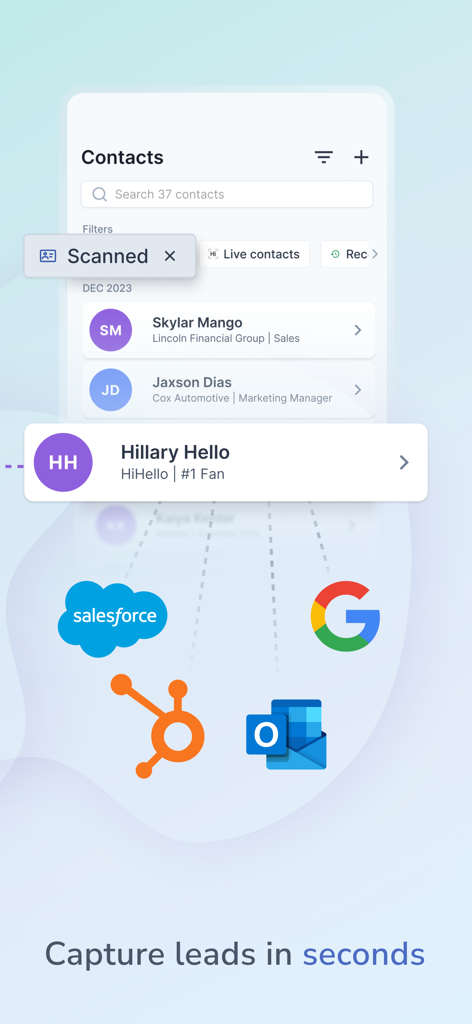 Interface de l'application HiHello montrant une liste de contacts numériques et des icônes d'intégration pour Salesforce, HubSpot, Google et Outlook.