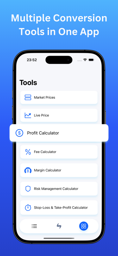 BitConvert - Crypto Calculator - BitConvert app interface showing a list of crypto trading tools including profit and fee calculators