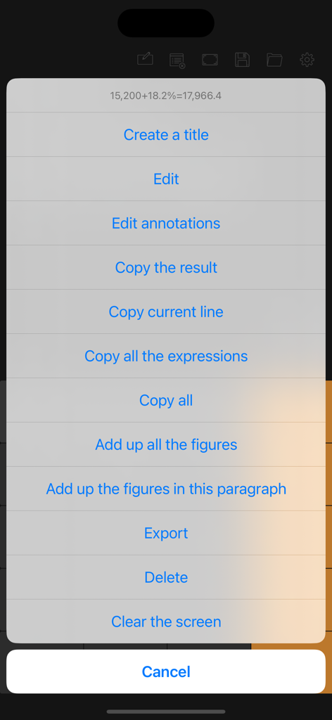 Calculator with History Tape - A menu in the calculator app showing options to edit, copy, annotate, and export calculation history records.