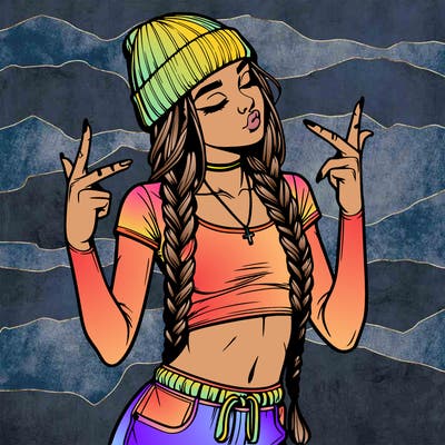 realistic teenage girl with braids and a beanie and crop top doing 🫶🏼