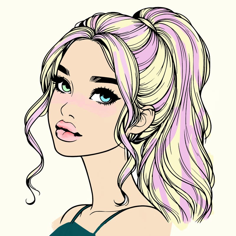 realistic girl with a ponytail on her hair and lips