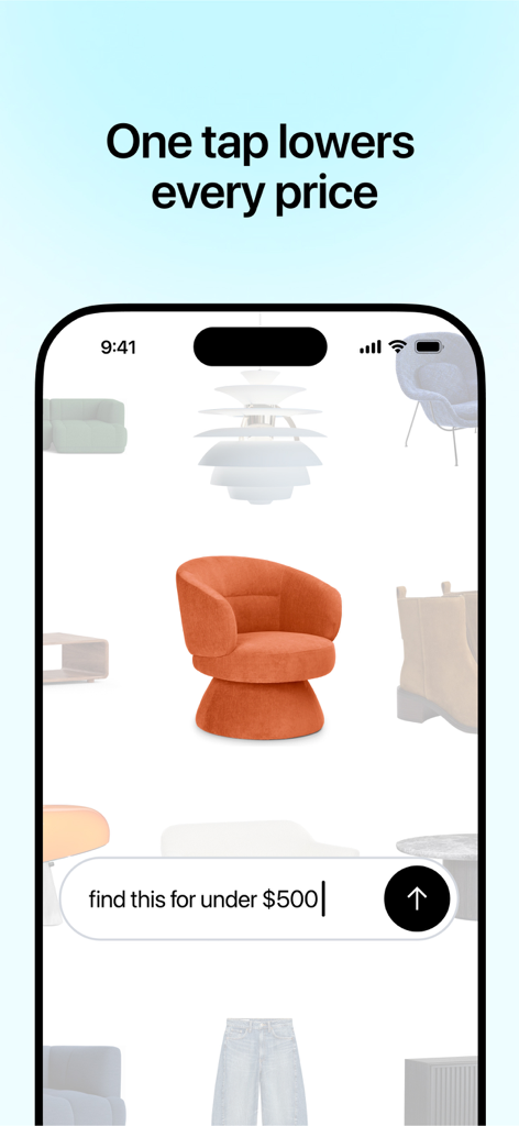 Dupe app screenshot showing a search bar to find furniture and fashion deals for under 500 dollars