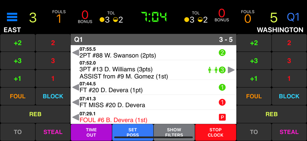 Basketball Scorebook+ - Basketball Scorebook+ app interface showing live game scoring, play-by-play log, and scoreboard.
