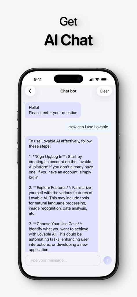 Rork Vibecode Guide - AI chatbot interface in the Rork Vibecode Guide app showing a conversation about how to use Lovable AI.