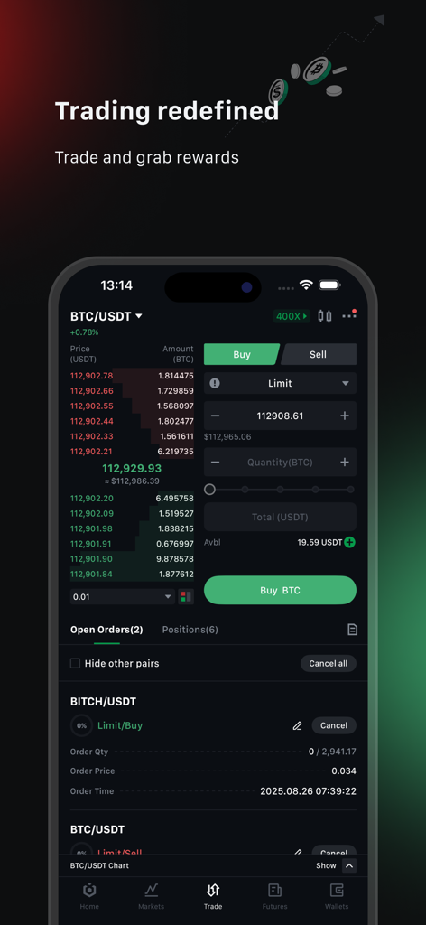 Ourbit: Buy Bitcoin & Crypto - The Ourbit app interface showing a cryptocurrency spot trading screen for BTC/USDT with order book and trading tools.