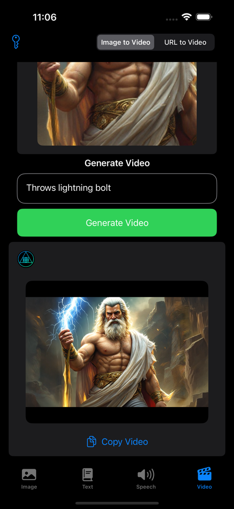 Interfaz de la aplicación Genesis AI mostrando una herramienta de generación de video con una indicación de texto y una imagen generada por IA de una figura mitológica sosteniendo un rayo.