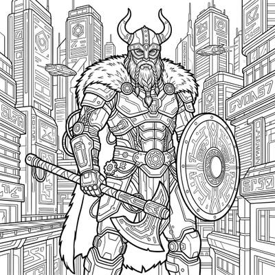 Journey to a world where ancient legends clash with futuristic technology on this incredible coloring page featuring a Cyberpunk Viking Warrior. Adorn your digital canvas with vibrant hues as you bring this powerful warrior and their high-tech urban backdrop to life.