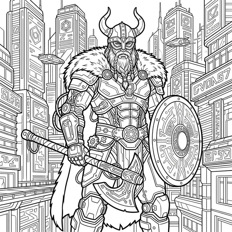 Journey to a world where ancient legends clash with futuristic technology on this incredible coloring page featuring a Cyberpunk Viking Warrior. Adorn your digital canvas with vibrant hues as you bring this powerful warrior and their high-tech urban backdrop to life.
