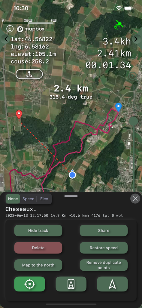 GPS Tracker: Offline Maps, GPX - GPS Tracker app interface showing a satellite map with a recorded pink track and navigation data