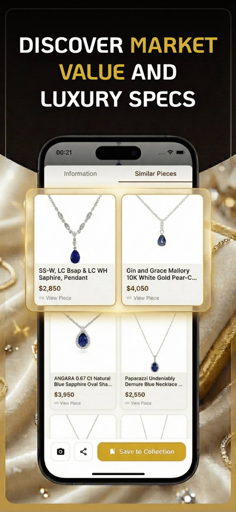 Gemly app screen showing similar sapphire necklaces with estimated market values and specifications