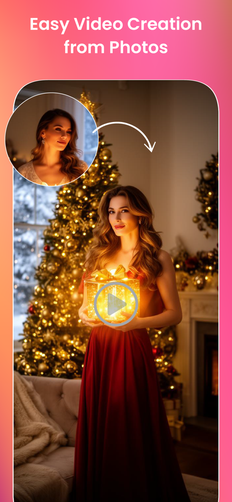 A mobile app screen demonstrating how to transform a single photo into a cinematic AI video.