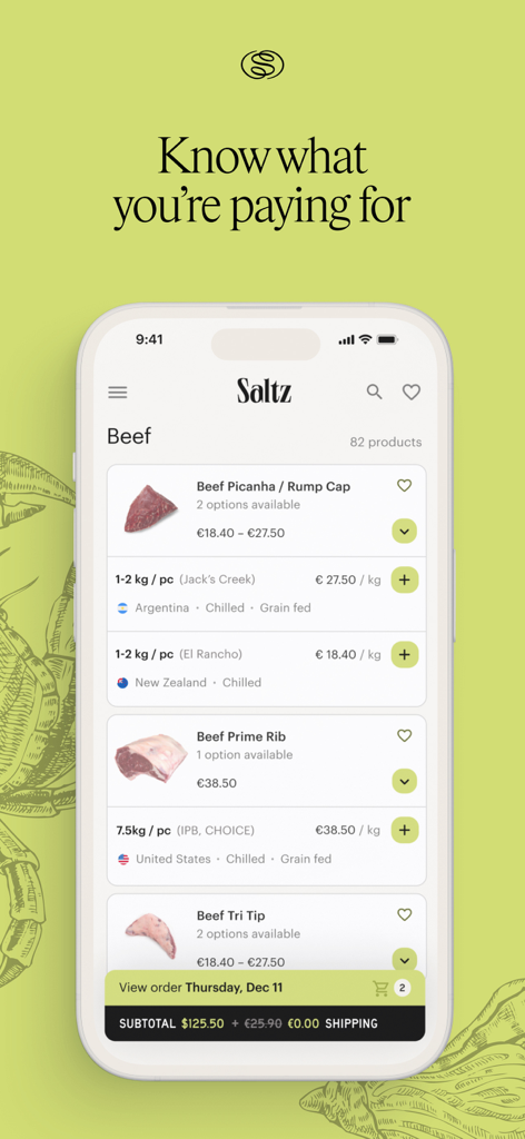 Saltz - Écran de l'application Saltz affichant des coupes de bœuf premium avec des prix transparents et l'origine pour les chefs