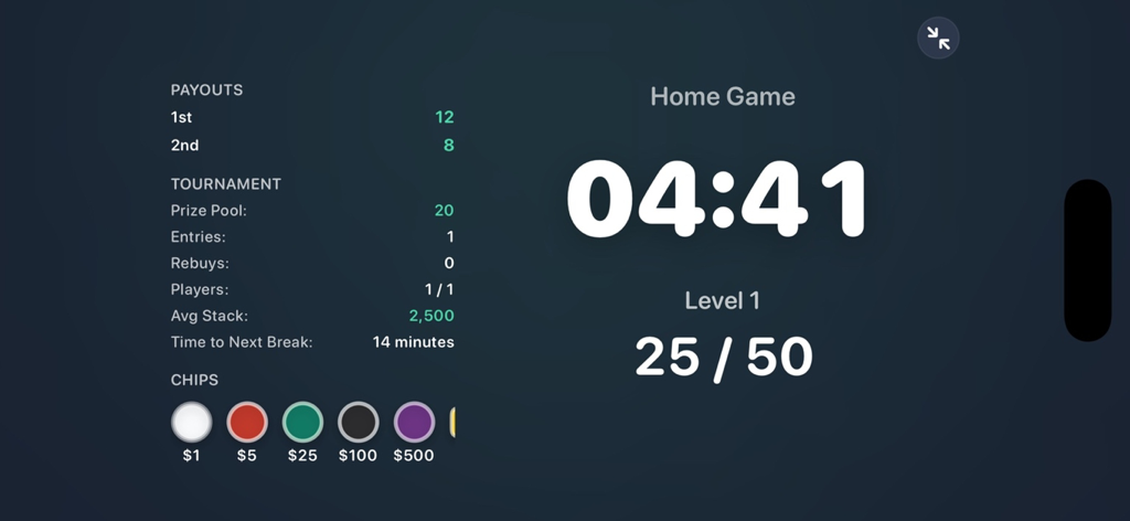 プロのポーカートーナメントタイマーで、ホームゲームのブラインドレベルのカウントダウンと賞金プールの情報が表示されています