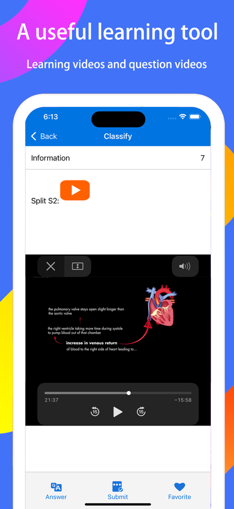NCLEX PN 시험 전문가 앱 인터페이스, 심장 해부학 및 생리학에 대한 의료 교육 비디오 표시
