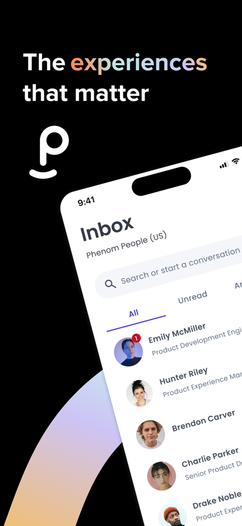 Phenom Recruiter - Phenom Recruiter mobile app inbox showing candidate messages and professional profiles