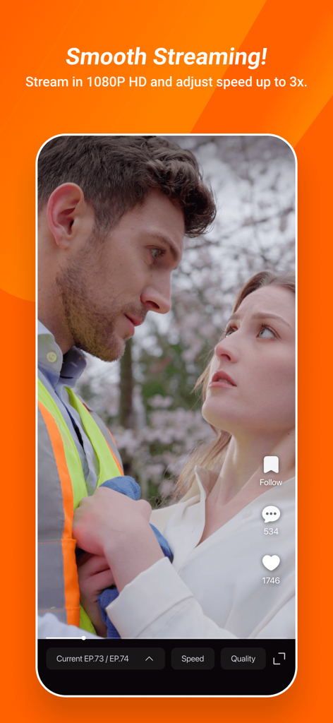 DramaReels: Dramas and Series - Vertikale Mini-Serien-Videoplayer-Oberfläche in DramaReels mit HD-Streaming und Einstellungen für die Wiedergabegeschwindigkeit.