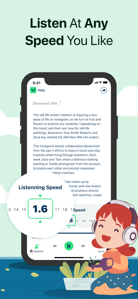 Text To Speech : Audio Books - iPhoneアプリ画面。テキスト読み上げ用の調整可能なリスニング速度機能が表示されている