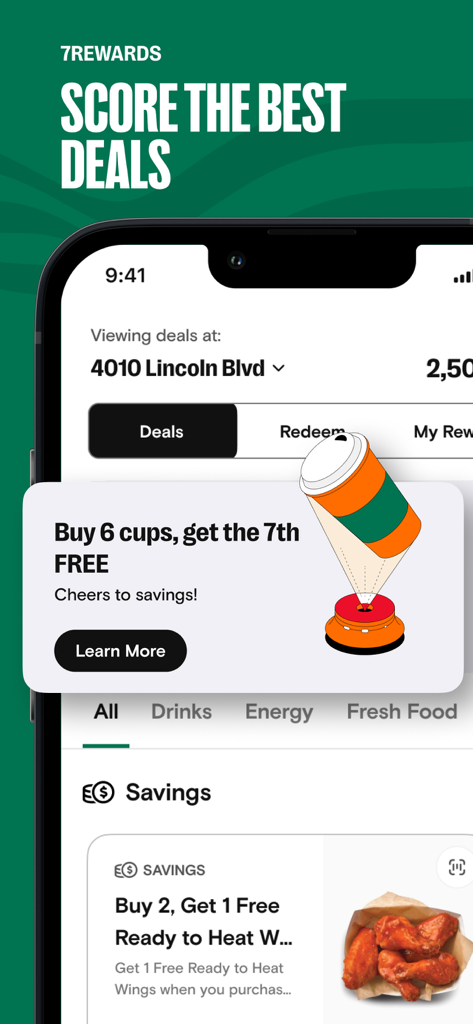 7-Eleven: Rewards & Shopping - 7-Eleven app interface showing reward points and exclusive shopping deals like buy six coffee cups get the seventh free