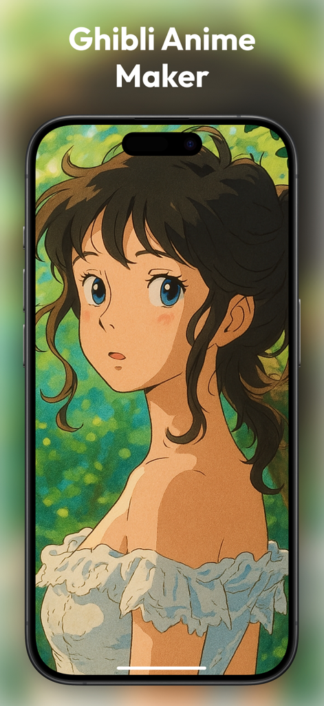 Photo Generator AI & Editor - Um smartphone exibindo uma garota de anime estilo Ghibli gerada pelo aplicativo REXI AI Photo Generator.