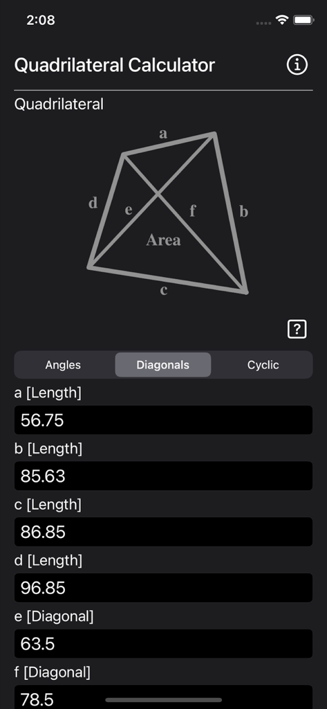 Quadrilateral Calculator app screen showing geometric diagram and side length input fields