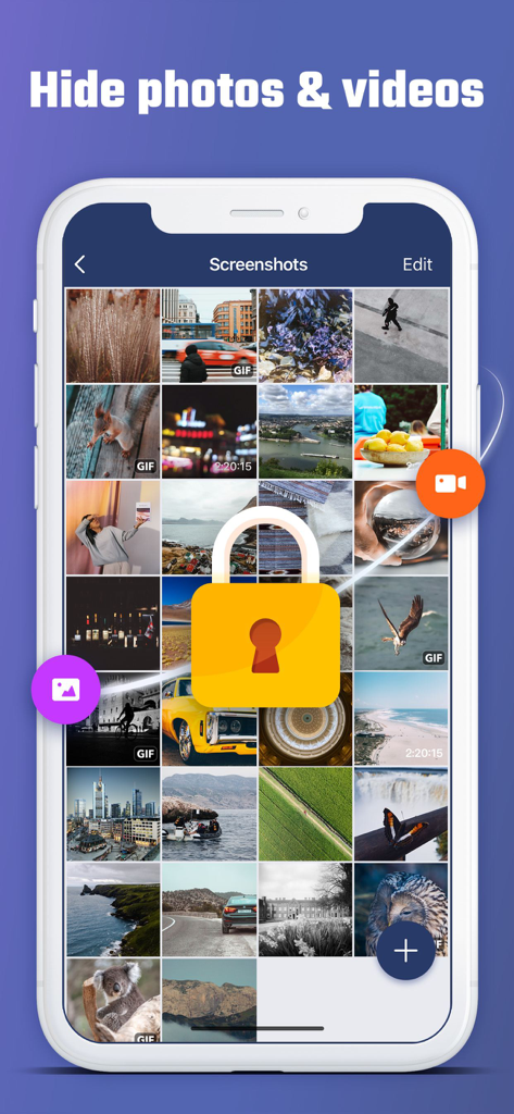 AppLock - photo lock - Interfaccia di AppLock che mostra una galleria fotografica sicura con un'icona a forma di lucchetto giallo grande per proteggere i contenuti multimediali privati
