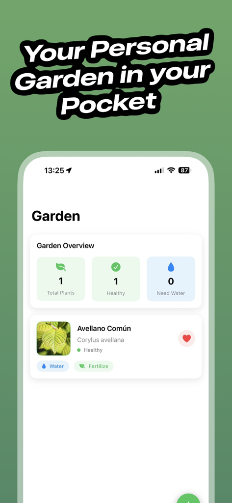 Leaf Identifier - LeafID - Interfaz de la aplicación LeafID que muestra la vista general del jardín personal con estado de salud de las plantas y recordatorios de cuidado