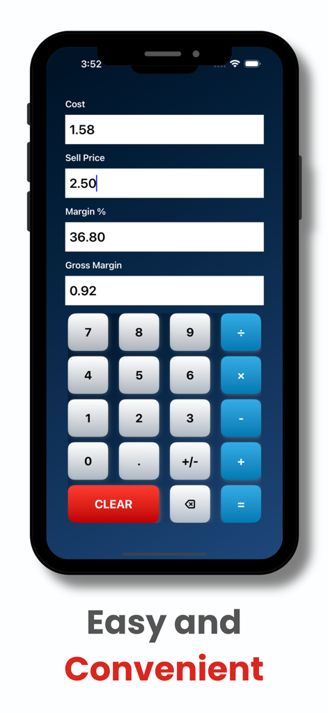 Retail Margin - Retail Margin app interface showing a calculation of cost sell price and margin percentage with a custom numpad