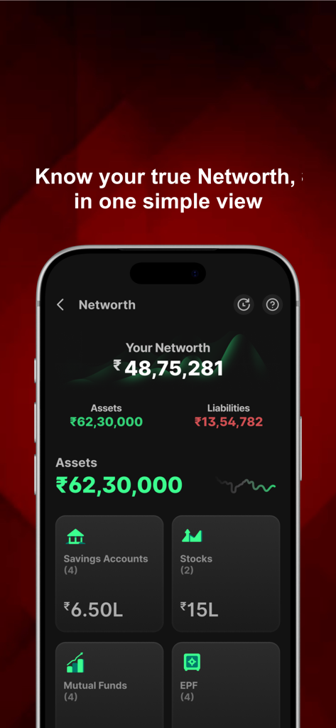 Painel de patrimônio líquido do aplicativo IDFC FIRST Bank mostrando um resumo de ativos e passivos