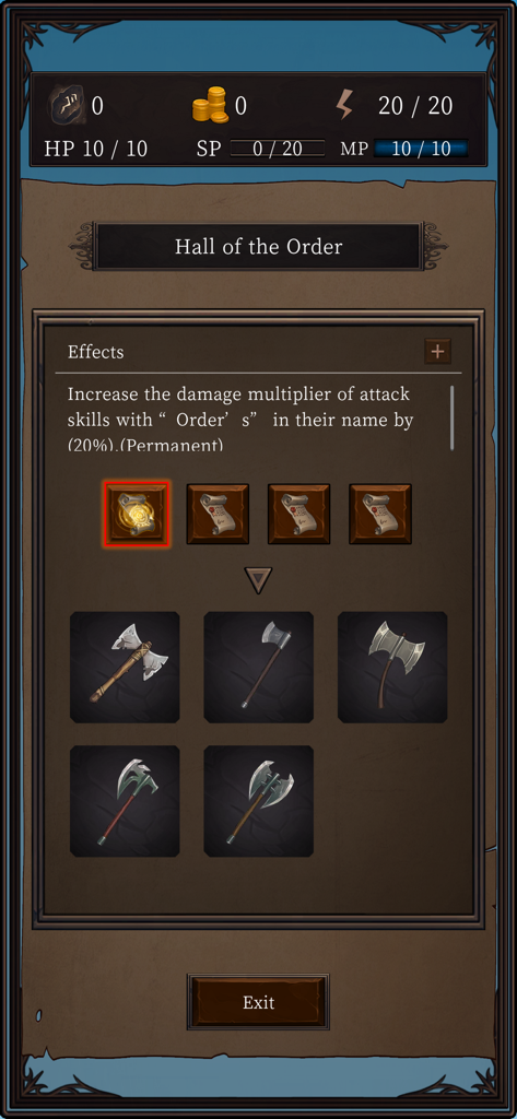 Ax RPG II - Le menu Hall de l'Ordre dans Ax RPG II montrant les effets de compétences permanents et les icônes d'armes.