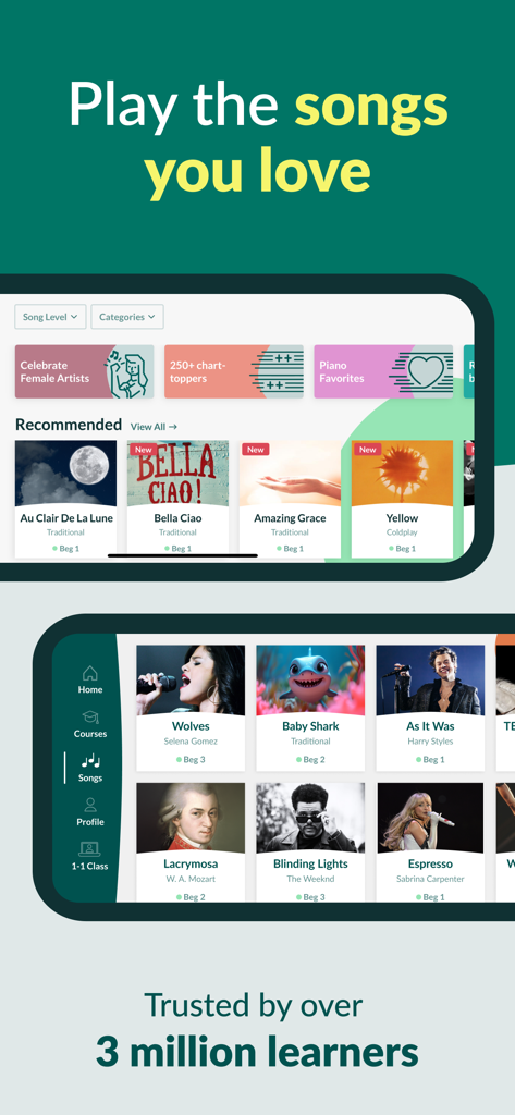 Interfaccia dell'app Skoove che mostra una vasta libreria di brani popolari per pianoforte per tutti i livelli
