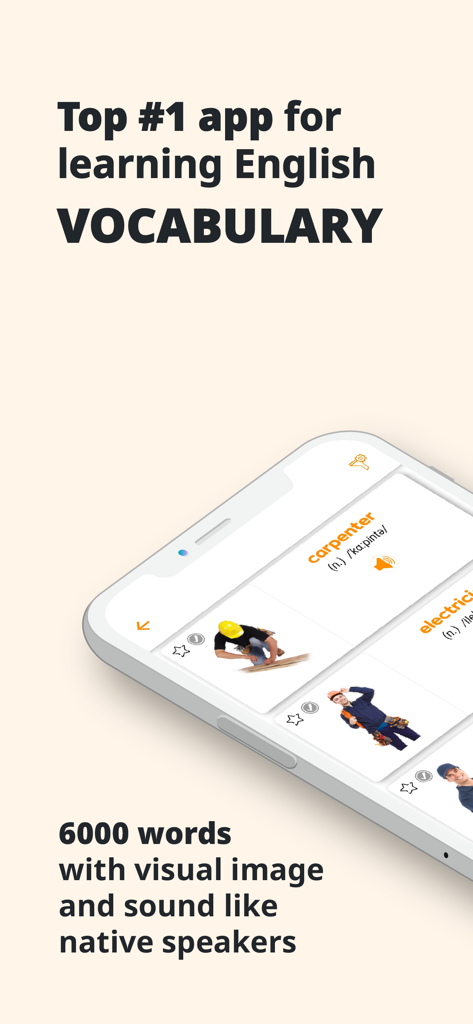 Captura de pantalla de la aplicación PORO English Vocabulary mostrando tarjetas visuales de palabras para aprender inglés