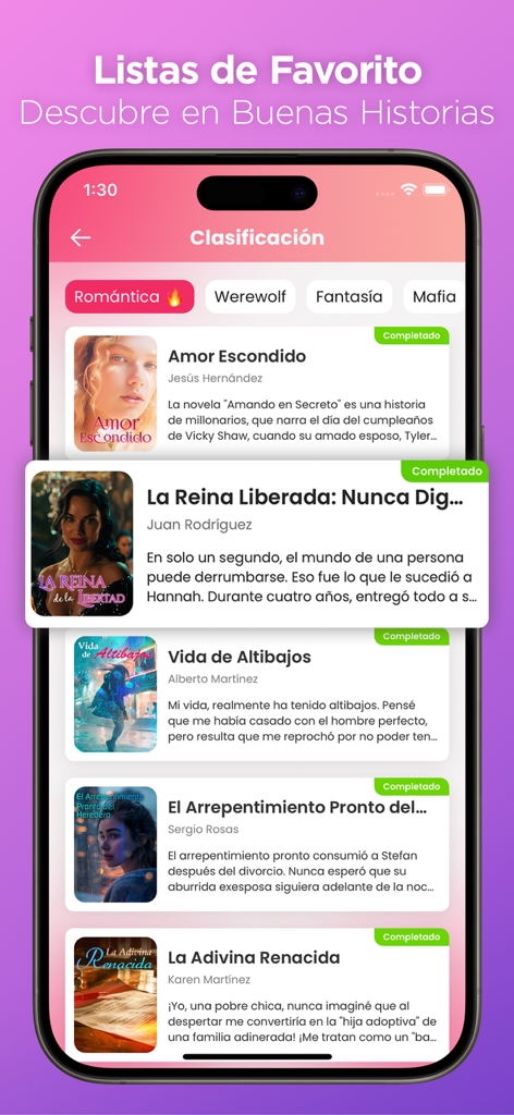 Novemia - Novels & Romance - Interfaccia dell'app Novemia che mostra un elenco di storie d'amore e fantasy.