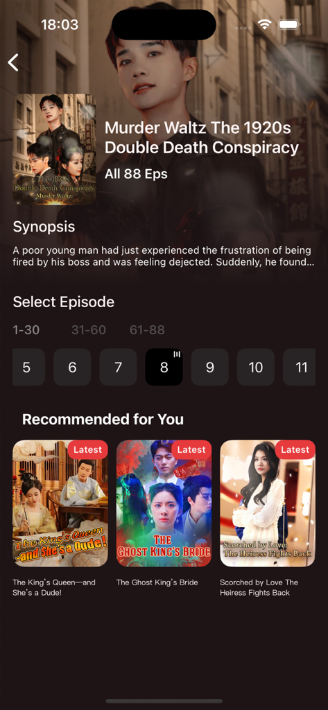 HotDrama - Hot&Trending Shorts - HotDrama app interface displaying synopsis and episode selection for a short-form drama series.