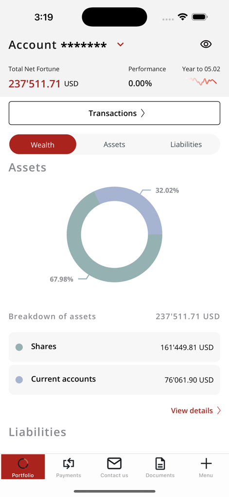 Banorient Suisse - Portfolio dashboard of Banorient Suisse app showing total net fortune and asset breakdown chart