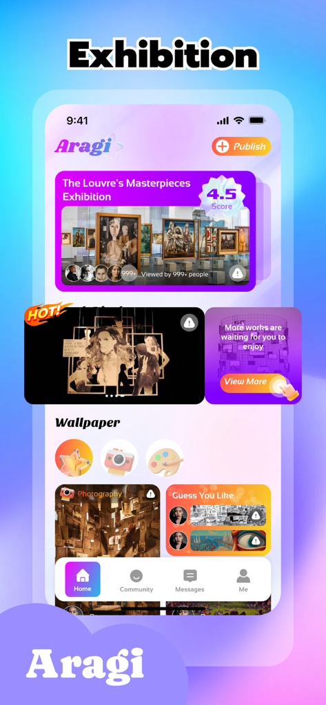 Aragi mobile app home screen showing art exhibition listings and ratings