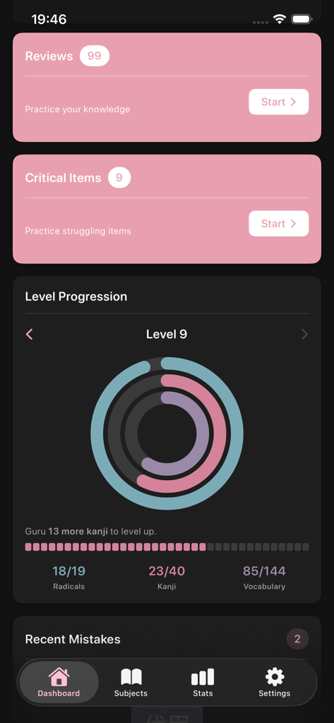 ウーパールーパー (Wanikani companion) - Una vista del panel de la aplicación de aprendizaje de japonés que muestra la progresión del nivel de kanji y los recuentos de revisiones