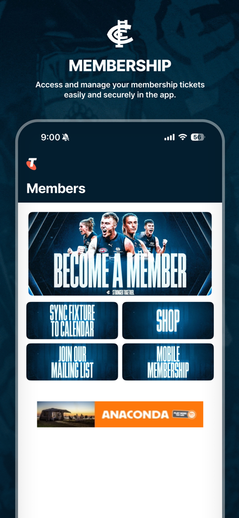 Carlton Official App - The membership management screen of the Carlton Official App showing ticketing and club shop options