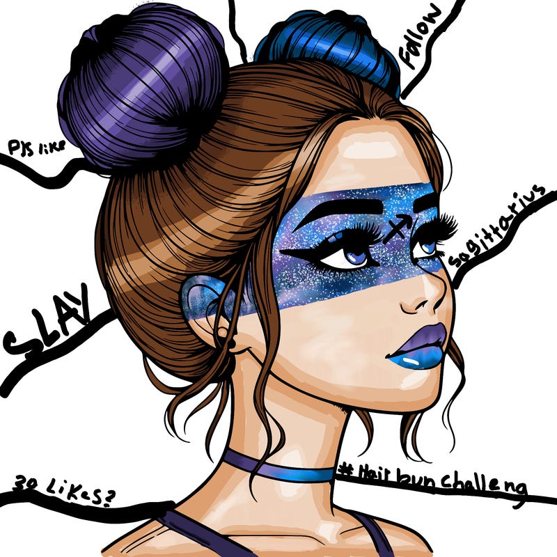 realistic girl with buns on the top of her head