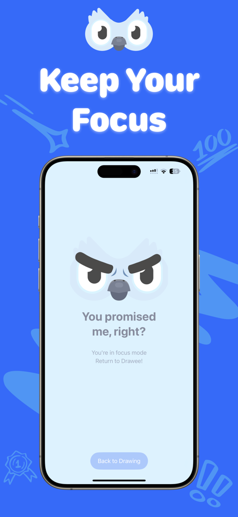 Drawee: AR Drawing - Focus mode screen in the Drawee app featuring a grumpy owl mascot and a prompt to return to drawing