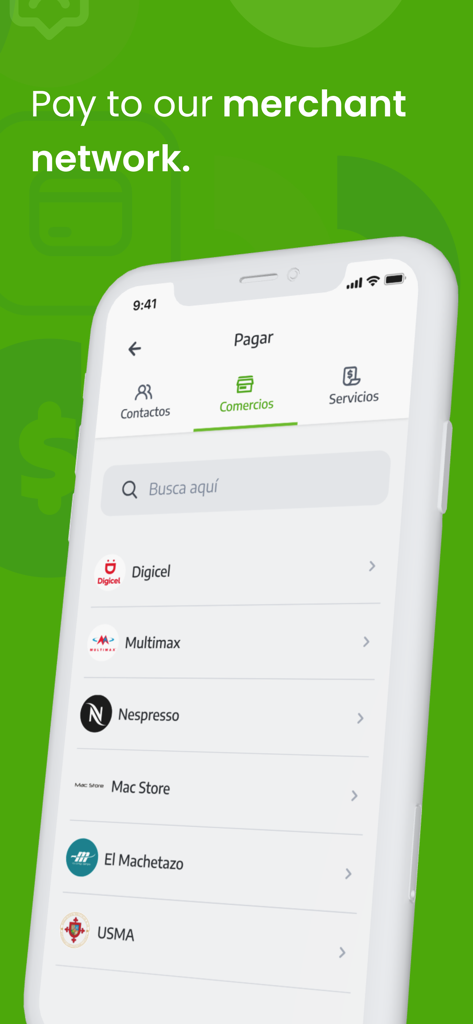 PagueloFacil - Una pantalla de smartphone que muestra la sección de pago de comercios de la app PagueloFacil con varios logotipos de tiendas